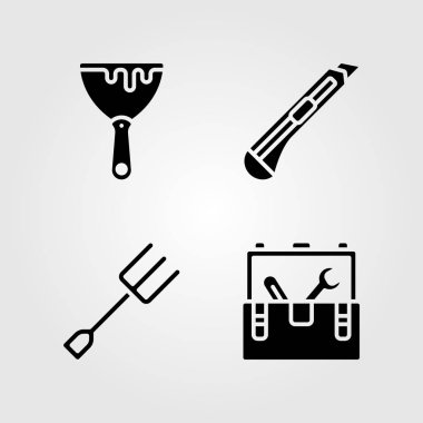 Araçlar Icons set. Vektör çizim kazıyıcı, çatal, kesici ve araç kutusu