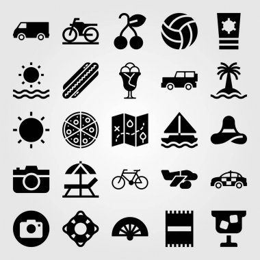 Yaz aylarında vektör Icon set. kamyon, deniz, polis araba ve Bisiklet