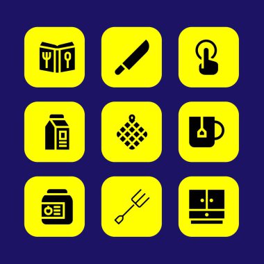 Mutfak vektör Icon set. kabine, çatal, süt ve dokunun