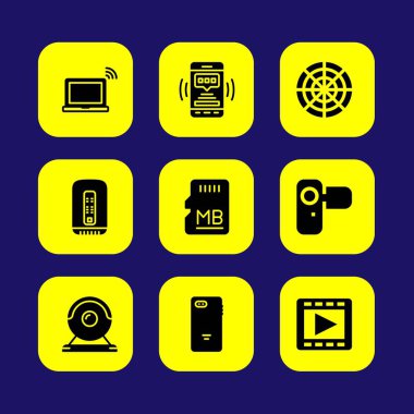 Teknoloji vektör Icon set. SD kartı, dizüstü bilgisayar, radar ve akıllı telefon
