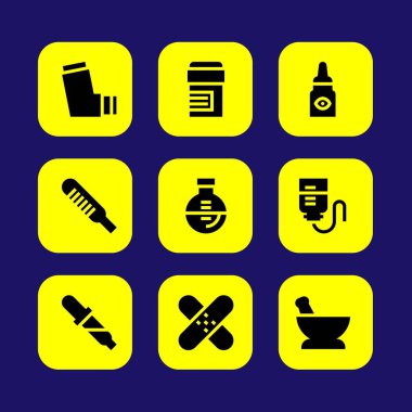 Tıp vektör Icon set. termometre, yama, damla sayacı ve astım ilacı