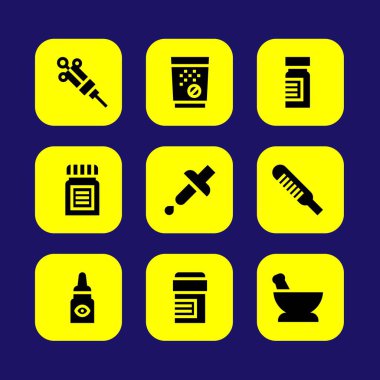 Tıp vektör Icon set. Göz damlaları, pipet, tabletler ve şırınga