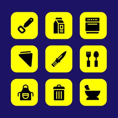 Mutfak vektör Icon set. Bulaşık makinesi, çöp kutusu, şişe açacağı ve peçete
