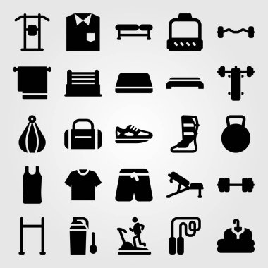 Fitness vektör Icon set. Kaptan, gömlek, koşu ayakkabıları ve halter