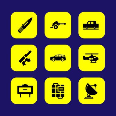 Askeri vektör Icon set. silah, Araba, radar ve helikopter