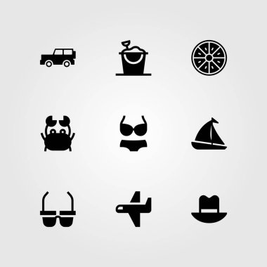 Yaz aylarında vektör Icon set. Jeep, portakal, şapka ve uçak