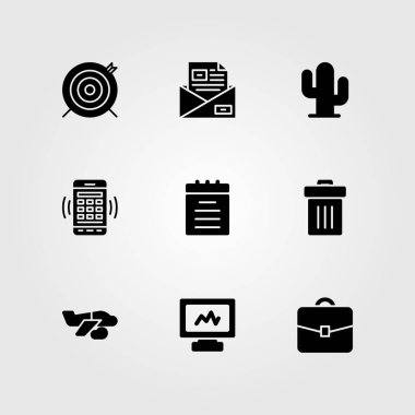 İş vektör Icon set. Uçak, kaktüs, çöp kutusu ve evrak çantası