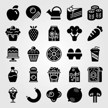 Yiyecek ve içecekler simge vektör ayarlayın. suyu, sishi, pasta ve meşrubat