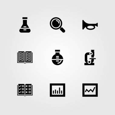 Eğitim vektör Icon set. trompet, şişesi, Büyüteç ve açık kitap