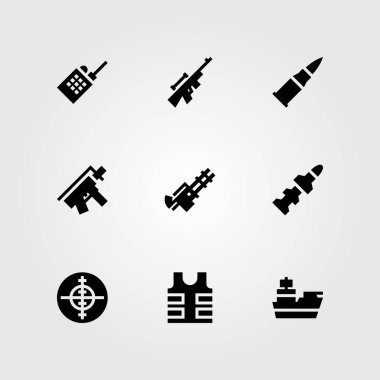 Silah vektör Icon set. kurşun, walkie talkie, kurşun geçirmez yelek ve silah