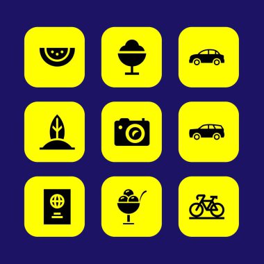 Yaz aylarında vektör Icon set. Sörf, Bisiklet, karpuz ve dondurma