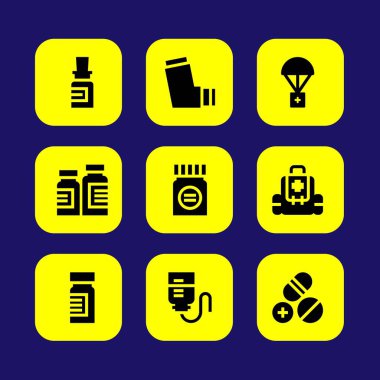 Tıp vektör Icon set. oksijen tüpü, İlkyardım çantası, damla sayacı ve tıp