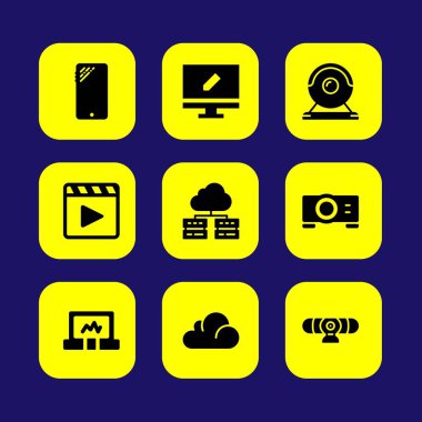 Teknoloji vektör Icon set. projektör, izlemek, web kamerası ve bulut bilgisayar