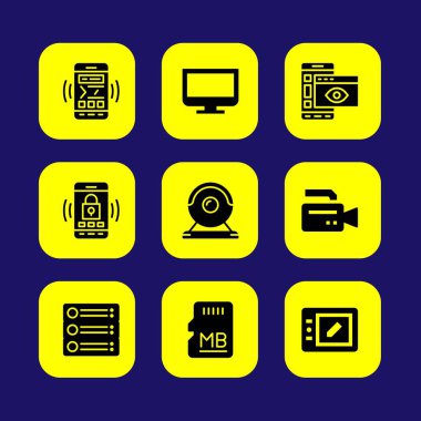 Teknoloji vektör Icon set. yönlendirici, bilgisayar, bellek ve web kamerası