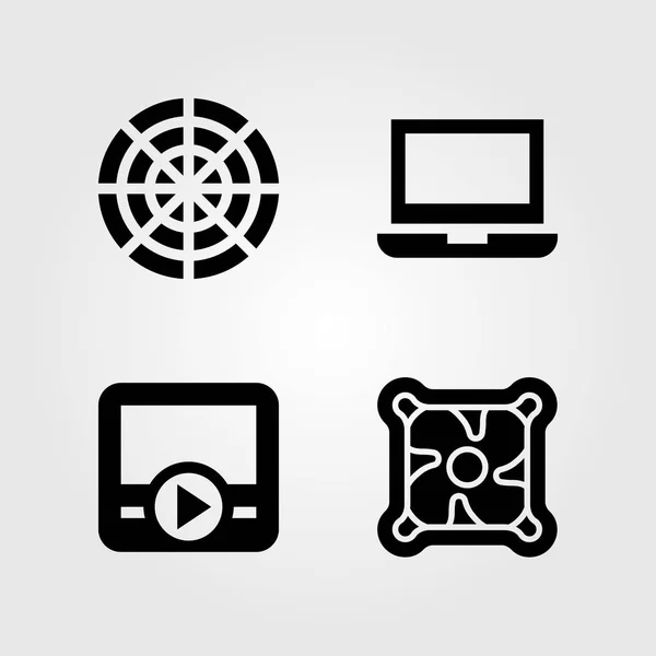 Technology icons set. Vector illustration laptop, cooler, movie player and radar — Stock Vector