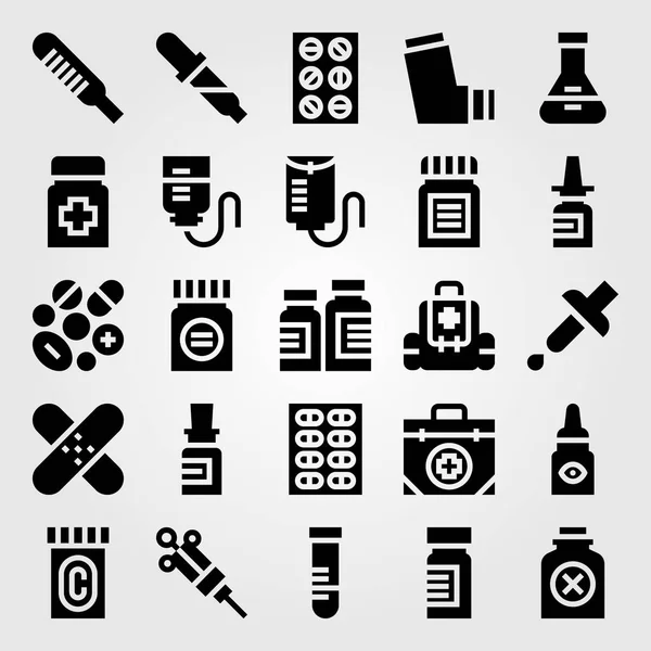 Conjunto de iconos de vector médico. medicamento, probeta, botiquín y frasco de primeros auxilios — Vector de stock