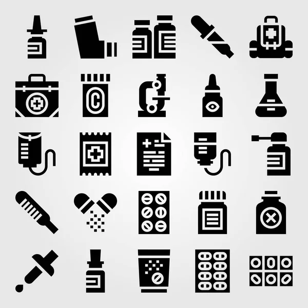 Medical vector icon set. first aid kit, medicine, band aid and flask — Stock Vector