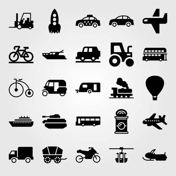 Conjunto de iconos de vector de transporte. cohete, nave, carretilla elevadora y tanque — Vector de stock