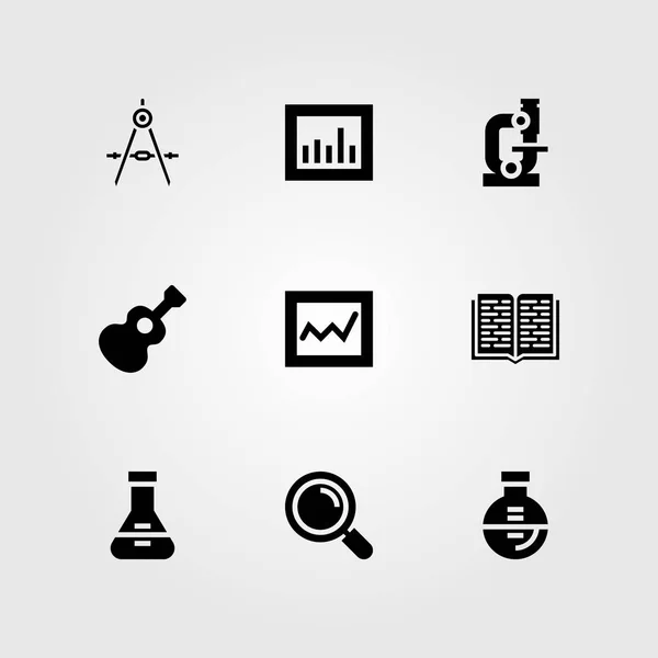 Vzdělávání vektor sadu ikon. Lupa, kytara, kompas a baňky — Stockový vektor