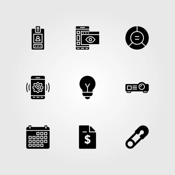 Zakelijke vector icon set. PIN-, kalender-, contract- en veiligheidsspeld — Stockvector