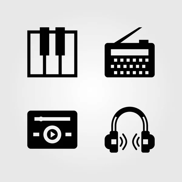 Multimediální ikony nastavit. Vektorové ilustrace rádio, klávesnice, sluchátka a hudební přehrávač — Stockový vektor
