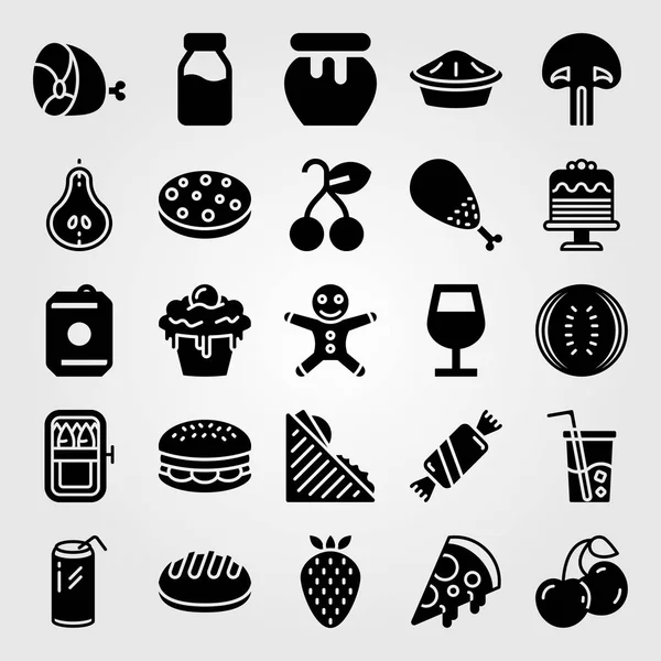 Alimentos y bebidas vector icono conjunto. torta, sandía, jamón y refresco — Archivo Imágenes Vectoriales