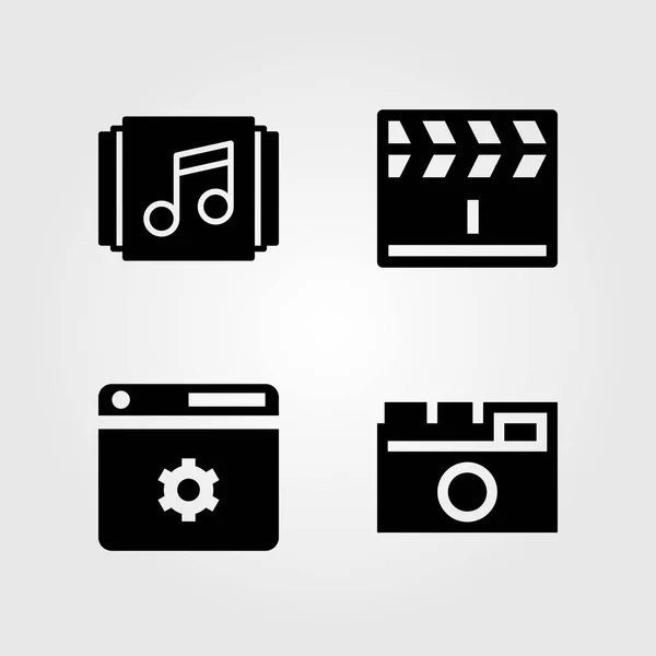 Multimédia ikonok beállítása. Vektoros illusztráció lejátszási lista, a böngésző, a fényképezőgép és a clapperboard — Stock Vector
