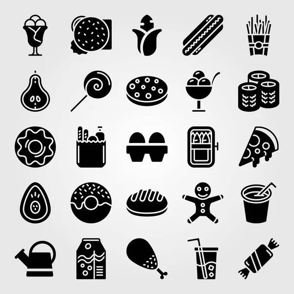 Alimentos y bebidas icono conjunto de vectores. pata de pollo, huevos, papas fritas y pan de jengibre hombre — Archivo Imágenes Vectoriales