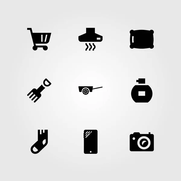 Conjunto de iconos de vector de compras. calcetín, almohada, carrito de compras y carrito — Archivo Imágenes Vectoriales