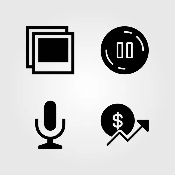 Knappar ikoner set. Vektor illustration mikrofon-, Foto-, mynt- och paus — Stock vektor