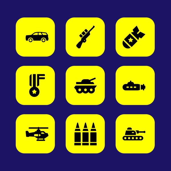 Military vector icon set. car, medal, ammunition and bullets