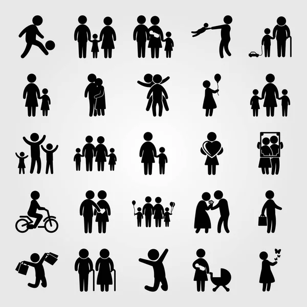 Menschen Icon Set Vektor. Familie, Kind mit Fahrrad, Großvater und Vater — Stockvektor