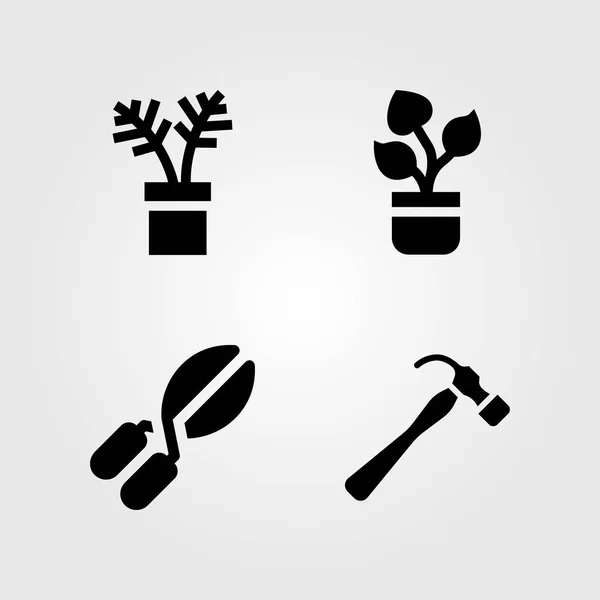 Conjunto de iconos de jardín. Martillo de ilustración vectorial, tijeras de podar y planta — Vector de stock