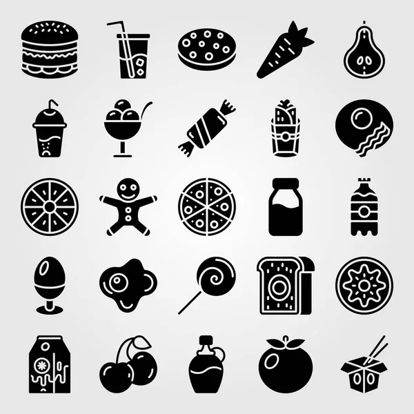 Alimentos y bebidas icono conjunto de vectores. soda, galleta, carne y pizza — Archivo Imágenes Vectoriales