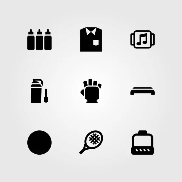 Fitness vector icon set. eiwitten, sportschool stap, capsules en sportschool handschoenen — Stockvector