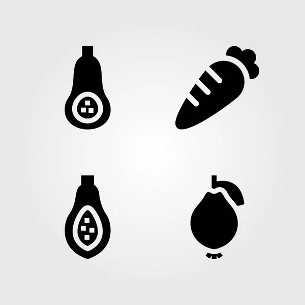 Gyümölcsök zöldségek vector icon set. butternut squash, sárgarépa, guava és papaya — Stock Vector