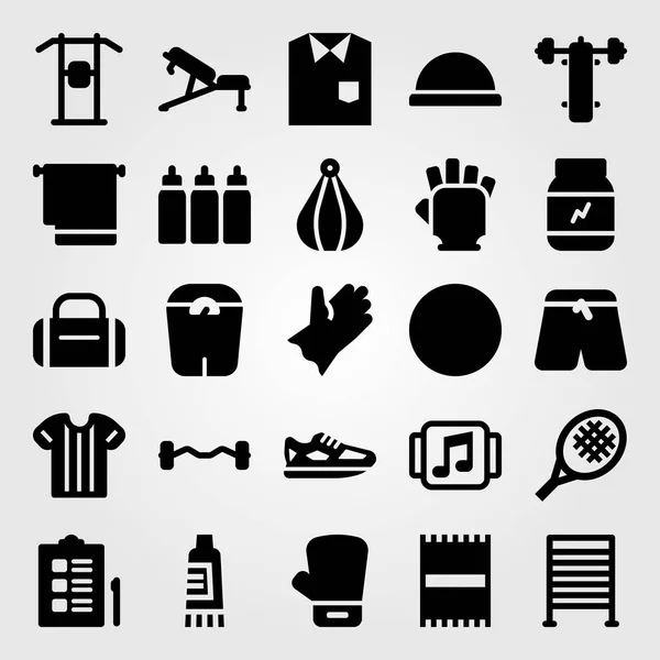Conjunto de ícones vetoriais de fitness. toalha, cápsulas, bares de ginástica e calças esportivas — Vetor de Stock