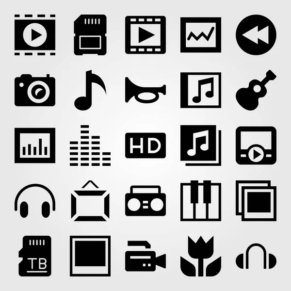 Multimedia Icon Set Vektor. Videokamera, Gitarre, Analytik und Filmplayer — Stockvektor