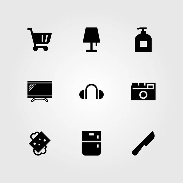 Conjunto de iconos de vector de compras. jabón líquido, monitor, auriculares y jabón — Archivo Imágenes Vectoriales