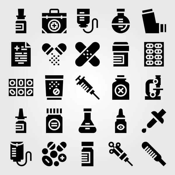 Conjunto de ícones vetoriais médicos. frasco, sistema transdérmico, microscópio e resultado médico — Vetor de Stock