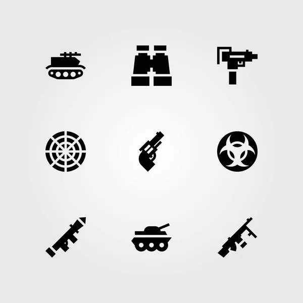 Waffensymbol gesetzt. Raketenwerfer, Biohazard, Schrotflinte und Fernglas — Stockvektor