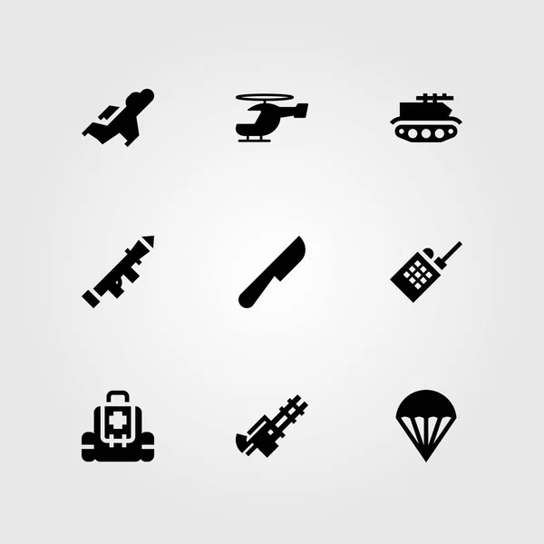 Набор векторных значков оружия. вертолет, нож, аптечка и истребитель — стоковый вектор