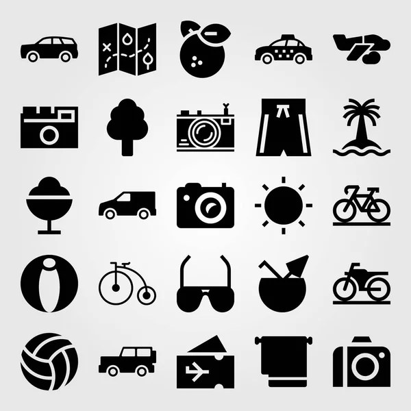 Yaz aylarında vektör Icon set. Güneş, uçak, havlu ve voleybol