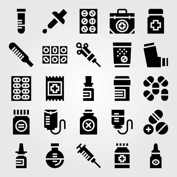 Conjunto de iconos de vector médico. medicamento, curita, banda y jeringa — Vector de stock