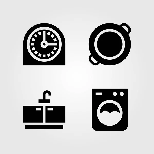 Kitchen vector icon set. washing machine, timer, tap and paella — Stock Vector