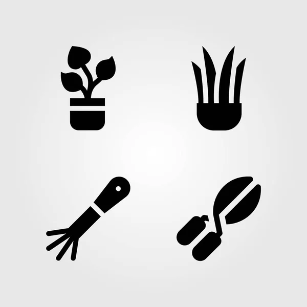 Haus Pflanzen Vektor Icon Set. Harke, Baumschere und Pflanze — Stockvektor