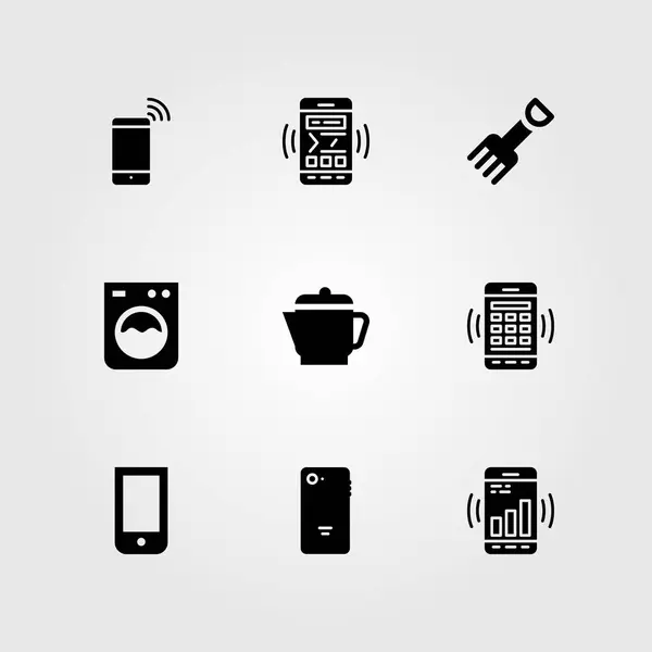 Conjunto de iconos de vector de compras. tenedor, hervidor de agua, lavadora y smartphone — Archivo Imágenes Vectoriales