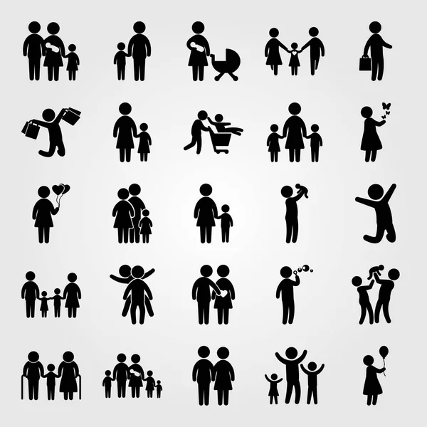 Conjunto de iconos vectoriales humanos. niños, pareja enamorada, pareja y mujer con globos — Vector de stock