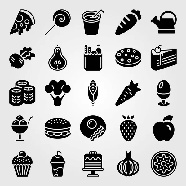 Jídlo a nápoje ikonu nastavit vektor. zmrzlina, snídaně, kousek koláče a brokolice — Stockový vektor