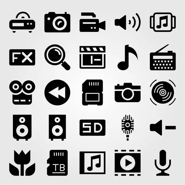 Multimedia vector icon set. geheugen, mic, fx en foto camera — Stockvector